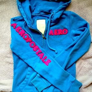 Aeropostale Small Blue & pink lettering hoodie, partial front zip, 60/40